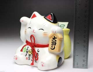 Lucky Beckoning Cat Maneki Neko Ceramic Piggy Bank Lottery Ticket Holder Japan 2