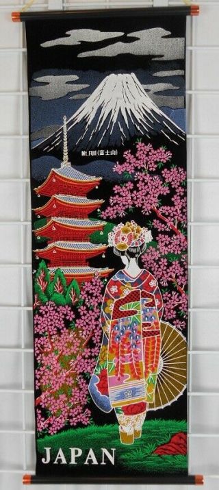 Japanese Black Velvet Scroll Wall Hanging - Mt.  Fuji,  Geisha,  Cherry Blossoms