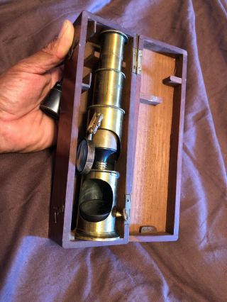 Vintage Antique Brass Microscope In Wooden Box