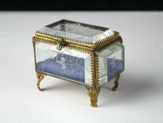 Ormolu Jewelry Casket Box W Beveled Morning Glory Intaglio Cut Glass,  Antique