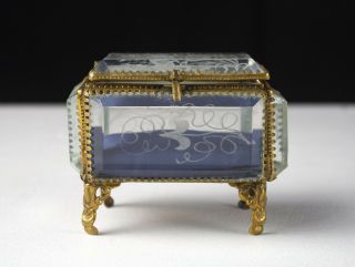 Ormolu Jewelry Casket Box w Beveled Morning Glory Intaglio Cut Glass,  Antique 2