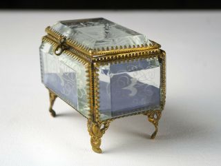 Ormolu Jewelry Casket Box w Beveled Morning Glory Intaglio Cut Glass,  Antique 3