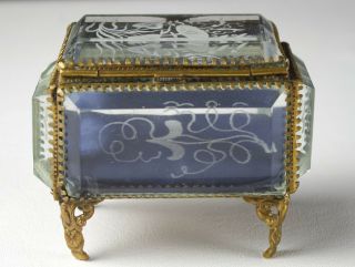 Ormolu Jewelry Casket Box w Beveled Morning Glory Intaglio Cut Glass,  Antique 4