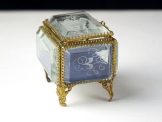 Ormolu Jewelry Casket Box w Beveled Morning Glory Intaglio Cut Glass,  Antique 5
