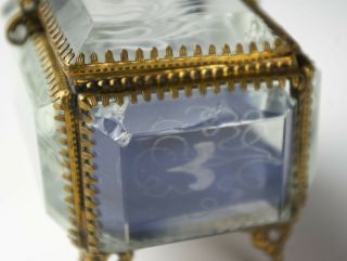 Ormolu Jewelry Casket Box w Beveled Morning Glory Intaglio Cut Glass,  Antique 6