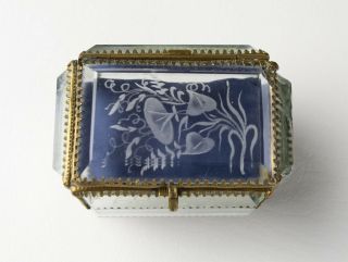 Ormolu Jewelry Casket Box w Beveled Morning Glory Intaglio Cut Glass,  Antique 8