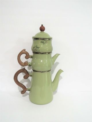 Mackenzie Childs Green Roses Enamel Stacking Teapot,  Sugar & Creamer