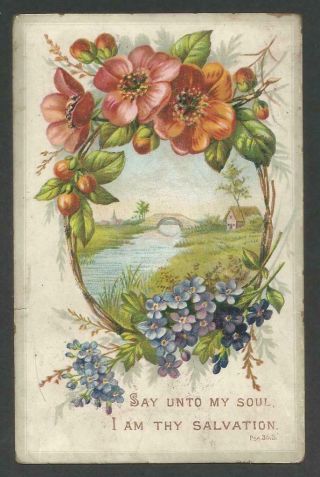 D40 - Victorian Religious Scripture Motto Card - Scenic Cottage In Floral Frame