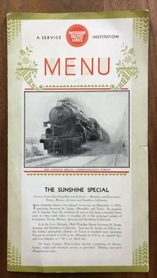 Missouri Pacific,  The Sunshine Special,  1934 Menu