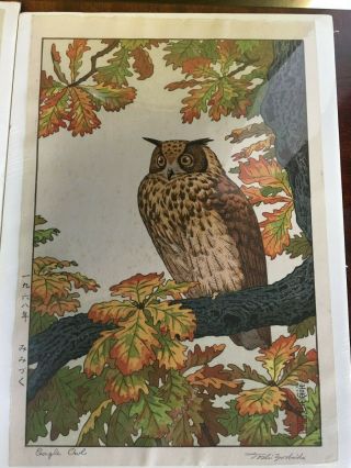 Toshi Yoshida Pencil Signed Woodblock Titled " Eagle Owl " 1960s Authenti