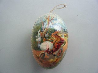Antique Germany Paper Mache Easter Egg Candy Container Rabbit Riding Bicycle