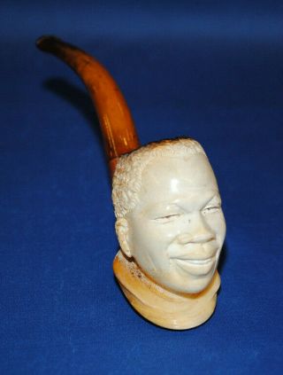 Antique Figural Black Man Negro Head Meerschaum & Amber Pipe With Case.