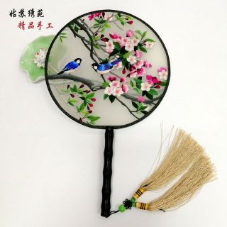 Lifelike Chinese 3d Swallow Duck Double Side Su Embroidery Silk Hand Fan Gift
