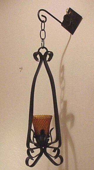 Vintage Spanish Revival Black Metal Amber Glass Hanging Candle Wall Sconce