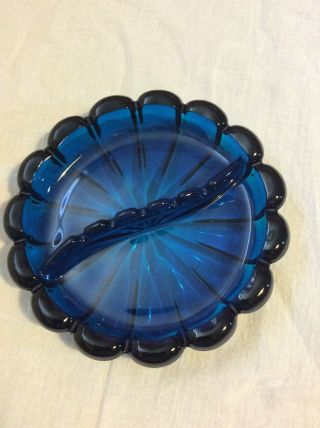 Vintage Dark Blue Glass Ashtray W/ Scalloped Edge Thick Heavy Glass