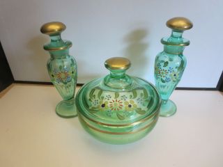 Green Depression Glass Perfume Bottles And Puff Box Enameled Flowers Gold