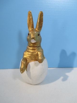 Antique Candy Holder Easter Rabbit Bunny In Egg Plaster Chalkware Germany Gold