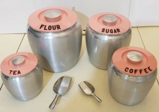 Vintage 1950s Kromex Kitchen Canister Set - Rare Pink Lid 4pc Set W/2 Scoopers