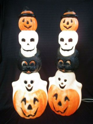 2 Empire Blow Mold Halloween Totem Stacks Pumpkins Cat Skull Ghost 33 "