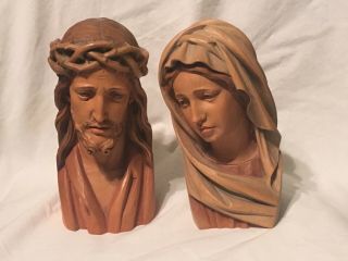 Anri Carved Wood Mary & Jesus With Crown Of Thorns Busts