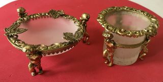 Vintage Gold Ormolu Cherub Frosted Glass Soap Dish Trinket Tray & Candle Holder
