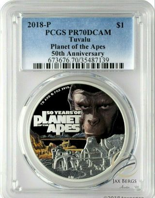 2018 - P $1 Tuvalu 50 Years Of Planet Of The Apes 1oz Silver Coin Pcgs Pr70dcam