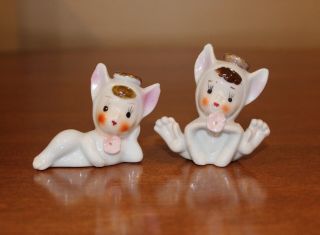 Vtg Porcelain 2 Pixie Elves Bunny Angels With Golden Halo Cats? Made In Japan