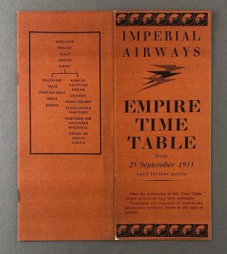 Imperial Airways September 1933 Empire Airline Timetable Route Map
