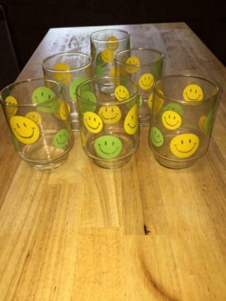 Vintage 1970s Retro Groovy Smile Face Libbey Drink Glassware Glasses Set Of 7