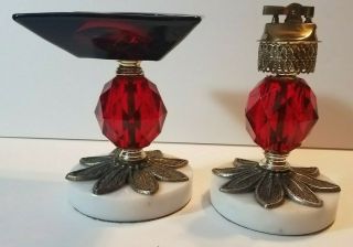 Vintage Cigar Lighter & Ashtray RARE SET 60 ' s - 70 ' s Ruby Red Glass Brass Marble 2
