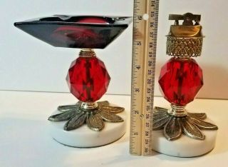 Vintage Cigar Lighter & Ashtray RARE SET 60 ' s - 70 ' s Ruby Red Glass Brass Marble 3