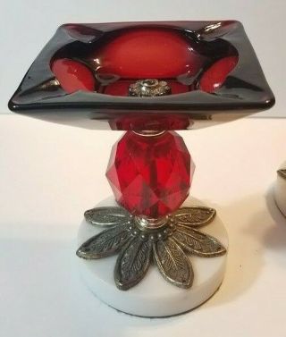 Vintage Cigar Lighter & Ashtray RARE SET 60 ' s - 70 ' s Ruby Red Glass Brass Marble 4