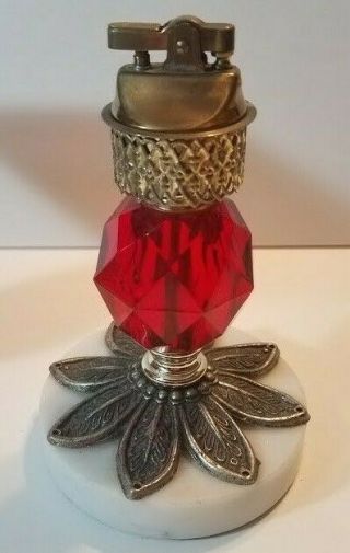 Vintage Cigar Lighter & Ashtray RARE SET 60 ' s - 70 ' s Ruby Red Glass Brass Marble 5