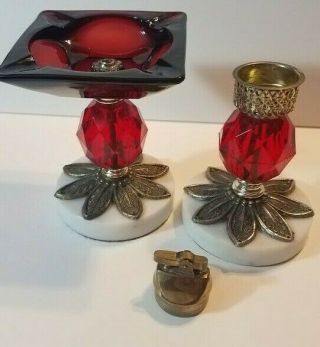 Vintage Cigar Lighter & Ashtray RARE SET 60 ' s - 70 ' s Ruby Red Glass Brass Marble 6