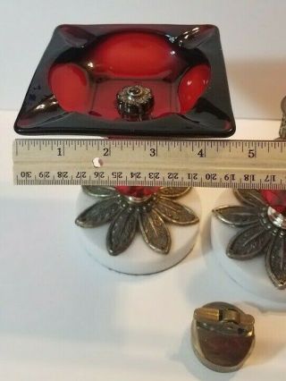 Vintage Cigar Lighter & Ashtray RARE SET 60 ' s - 70 ' s Ruby Red Glass Brass Marble 7
