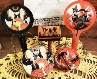 5 Vintage Halloween Tin Party Noisemakers,  T.  Cohn,  Old Mid - Century Decorations
