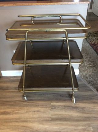 Mid Century Modern Cosco Metal Steel 3 Shelf Rolling Tea Bar Cart In Wood Grain