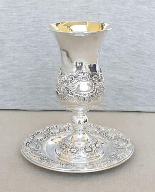 Judaica Baroque Style Old Gilt Silver Sterling Kiddush Cup Goblet Saucer 162 Gr.