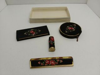 4pc.  Black Petit Point Embroidery Flower Compact Purse Set Picker Find