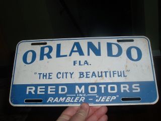 Vintage 1950s Orlando Florida Dealership License Plate Tag Reed Rambler Jeep