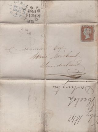 1843 Qv Darlington Mx Maltese Cross On Letter With A 1d Penny Red Imperf Stamp