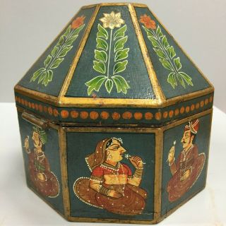Octagonal Wood Keepsake Box Painted Lacquered Green Floral Figures India Kashmir