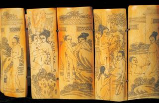 Antique Hand Carved Japanese Shunga Early Erotic Art Book 9 Different Panels