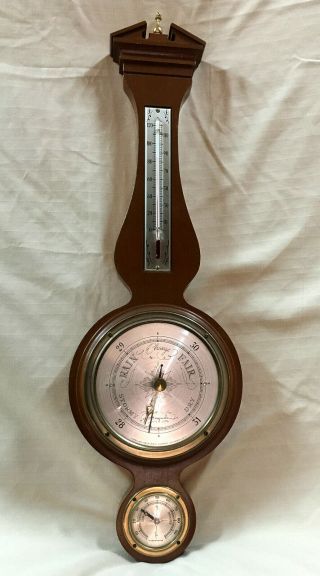 Vintage Mid - Century Banjo Shape Airguide Mahogany Wood Weather Station Barometer