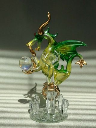 Dragon Art Glass Figurine Blown Glass Fantasy Green Yellow White