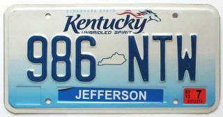 Kentucky 2013 " Unbridled Spirit " License Plate,  986 Ntw,  Jefferson County