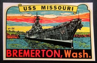 Vintage 1955 Uss Missouri " Bremerton " Washington Travel Decal Art