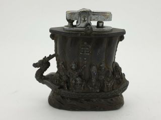 Pewter Japanese Table Petrol Lighter Dragon Boat With Seven Lucky Gods & Sail
