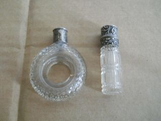 2 Antique Silver Topped Cut Glass Perfume Scent Bottles