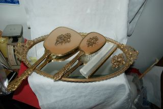 Vintage Vanity Mirror Tray With Hair Brush And Handheld Mirror And Comb